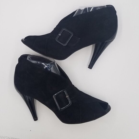 Vaneli Suede Patent Leather Bootie Peep Toe Buckle - Picture 3 of 11